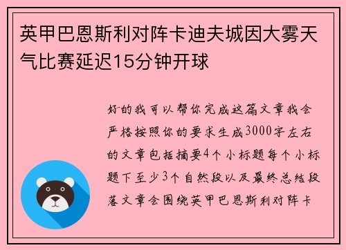 英甲巴恩斯利对阵卡迪夫城因大雾天气比赛延迟15分钟开球